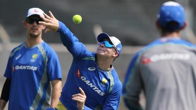 Australia's captain Steve Smith tries to catch a ball during practice in Dharamsala. (REUTERS) 