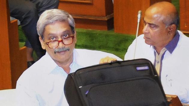 Goa chief minister Manohar Parrikar at the Goa Assembly with documents related to the state's Budget, in Panaji on Friday.(PTI Photo)