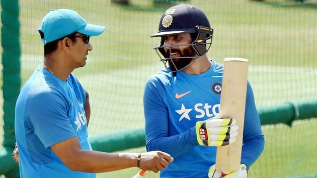 Ravindra Jadeja chats with batting coach Sanjay Bangar during a practice session at HPCA Stadium in Dharamsala. (PTI) Ravindra Jadeja chats with batting coach Sanjay Bangar during a practice session at HPCA Stadium in Dharamsala. (PTI)