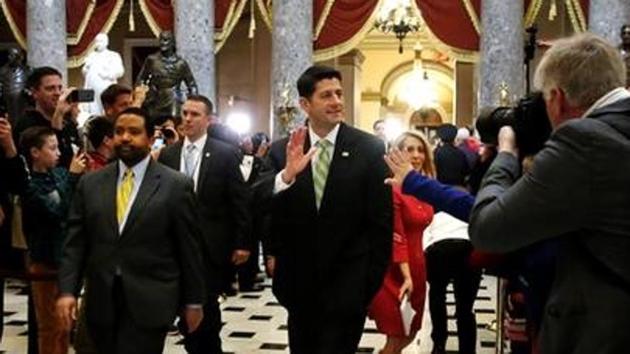 US House Speaker Paul Ryan (centre) waves to tourists after the House voted on a procedural measure to move ahead with health care legislation to repeal Obamacare at the US Capitol in Washington, on March 24, 2017. (Reuters) US House Speaker Paul Ryan (centre) waves to tourists after the House voted on a procedural measure to move ahead with health care legislation to repeal Obamacare at the US Capitol in Washington, on March 24, 2017. (Reuters)