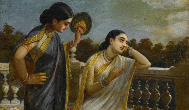 Note how a woman is the centre of his frame. Damayanti may be pining for her lost lover, Nala. But even in depicting the epics, with an aesthetic literally draped in tradition, Varma was surprisingly modern.