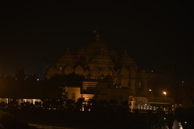 Akshardham temple during the Earth Hour in New Delhi.