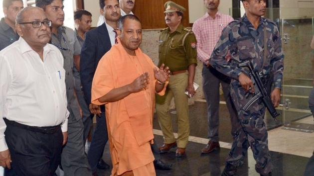 Uttar Pradesh chief minister Yogi Adityanath arriving at the Lok Bhavan for his first meeting after assuming office in Lucknow on Monday, March 20, 2017 (Ashok Dutta/HT Photo) Uttar Pradesh chief minister Yogi Adityanath arriving at the Lok Bhavan for his first meeting after assuming office in Lucknow on Monday, March 20, 2017 (Ashok Dutta/HT Photo)