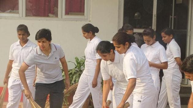SSP Manzil Saini initiating the cleanliness drive at the police lines on Friday. (HT Photo) SSP Manzil Saini initiating the cleanliness drive at the police lines on Friday. (HT Photo)