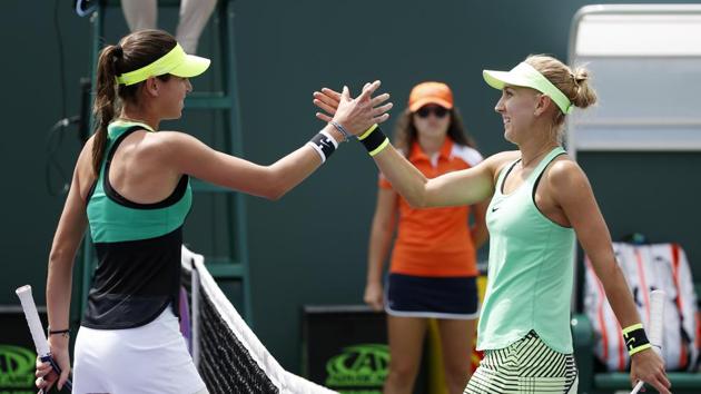 Ajla Tomljanovic shakes hands with Elena Vesnina after winning a second round match at the Miami Open.(AP) Ajla Tomljanovic shakes hands with Elena Vesnina after winning a second round match at the Miami Open.(AP)