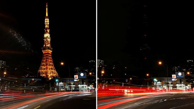 A combination photo shows the Tokyo Tower before (L) and after its lights were switched off for Earth Hour in Tokyo, Japan. (Issei Kato / REUTERS)