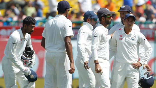 Ajinkya Rahane (centre) became India’s 33rd Test captain during the fourth match against Australia in Dharamsala.(BCCI)