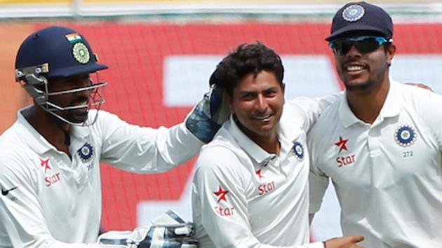 Kuldeep Yadav celebrates after dismissing Glenn Maxwell in the fourth India vs Australia Test match in Dharamsala. (BCCI)