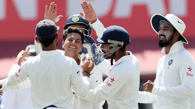 Kuldeep Yadav took four wickets on Day 1 of the fourth India vs Australia Test in Dharamsala. Catch highlights of India vs Australia fourth Test here.(BCCI)