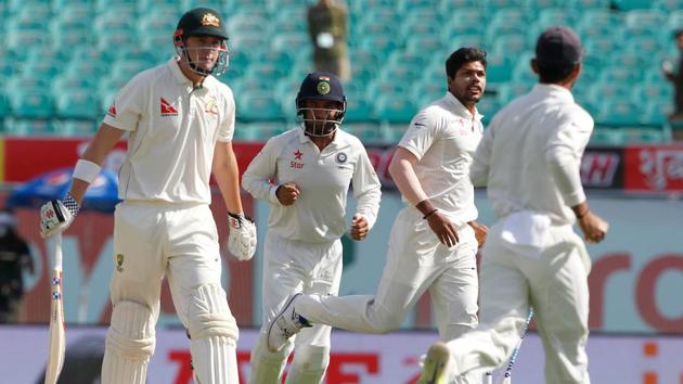 Umesh Yadav celebrates after dismissing Matt Renshaw for 1. (BCCI)