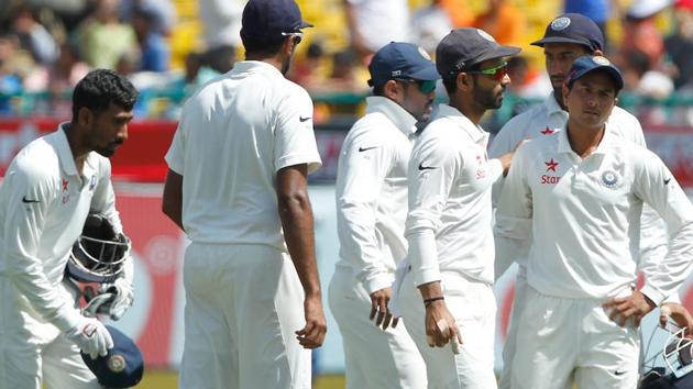Indian cricket team players in conversation during the Day 1 of the India vs Australia Test in Dharamsala. (BCCI)