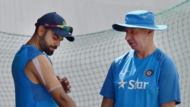Virat Kohli suffered an injury in his right shoulder during the third India vs Australia Test in Ranchi. He is missing the fourth and final India vs Australia Test in Dharamsala(PTI) Virat Kohli suffered an injury in his right shoulder during the third India vs Australia Test in Ranchi. He is missing the fourth and final India vs Australia Test in Dharamsala(PTI)