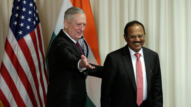 US defence secretary James Mattis (L) welcomes Ajit Doval, National Security Advisor of India, before their meeting at the Pentagon in Washington. (REUTERS) US defence secretary James Mattis (L) welcomes Ajit Doval, National Security Advisor of India, before their meeting at the Pentagon in Washington. (REUTERS)
