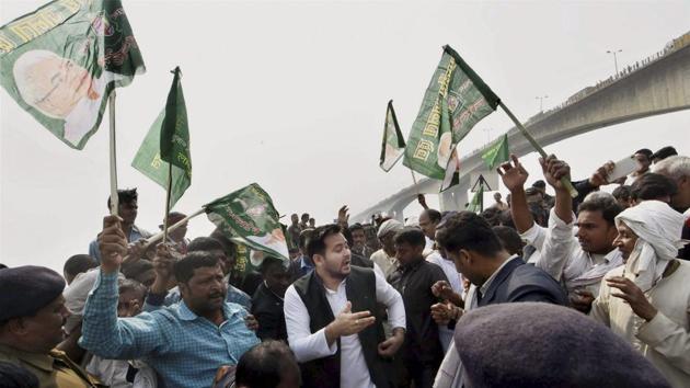 Bihar deputy chief minister Tejaswi Yadav leaving after the inauguration of the Patna to Hajipur Pipa Bridge in Hajipur on Saturday. (PTI) Bihar deputy chief minister Tejaswi Yadav leaving after the inauguration of the Patna to Hajipur Pipa Bridge in Hajipur on Saturday. (PTI)