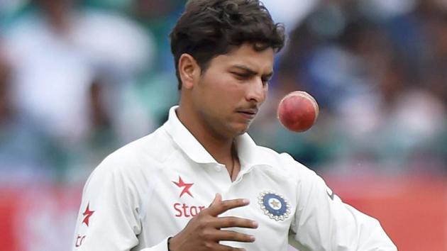 Kuldeep Yadav in action against Australia during the first day of last test match at HPCA Stadium in Dharamsala on Saturday.(PTI)