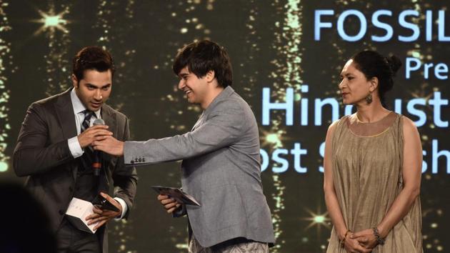 Actors Varun Dhawan, Vivaan Shah and Hiba Shah share the stage at HT Most Stylish. (Satish Bate/HT Photo) 
