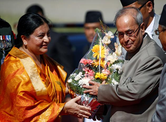 Nepalese President Bidhya Devi Bhandari with Indian counterpart Pranab Mukherjee during his visit to Nepal in November 2016.(Reuters File) Nepalese President Bidhya Devi Bhandari with Indian counterpart Pranab Mukherjee during his visit to Nepal in November 2016.(Reuters File)
