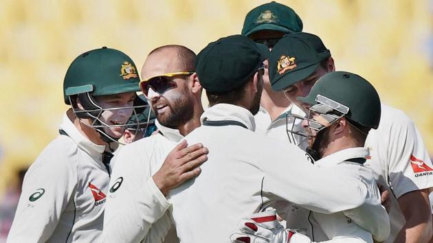 Matthew Wade(C), Nathan Lyon celebrate the wicket of Karun Nair. (PTI) Matthew Wade(C), Nathan Lyon celebrate the wicket of Karun Nair. (PTI)
