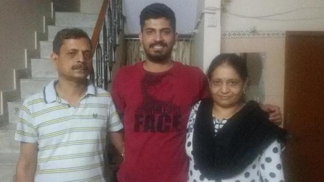 Harsh Gupta with his parents at his Jagatpura house in Jaipur(HT Photo) Harsh Gupta with his parents at his Jagatpura house in Jaipur(HT Photo)