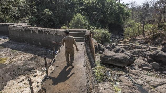 This point is where the overflows are channelled into the Mithi. It is bone-dry now.  (Satish Bate/HT Photo) 
