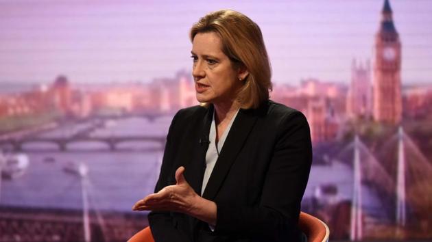 Britain's home secretary Amber Rudd is seen appearing on the BBC's Andrew Marr Show in this photograph received via the BBC in London, Britain March 26.(REUTERS)