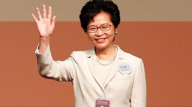 Carrie Lam waves after she won the election for Hong Kong's chief executive in China.(Reuters Photo)