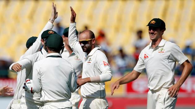 Australia's Nathan Lyon (2-L) celebrates with his teammates after dismissing India's Ravichandran Ashwin. (REUTERS) Australia's Nathan Lyon (2-L) celebrates with his teammates after dismissing India's Ravichandran Ashwin. (REUTERS)