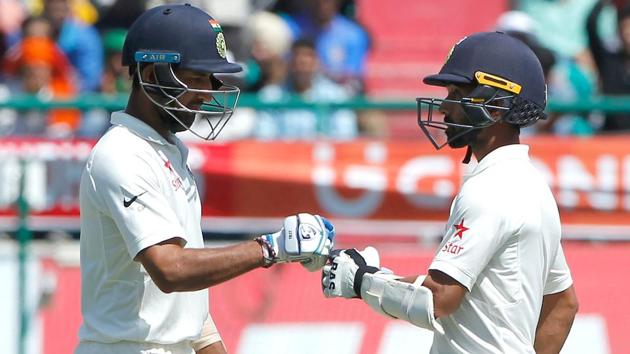 Cheteshwar Pujara and Ajinkya Rahane in action against Australia in Dharamsala. (BCCI) 