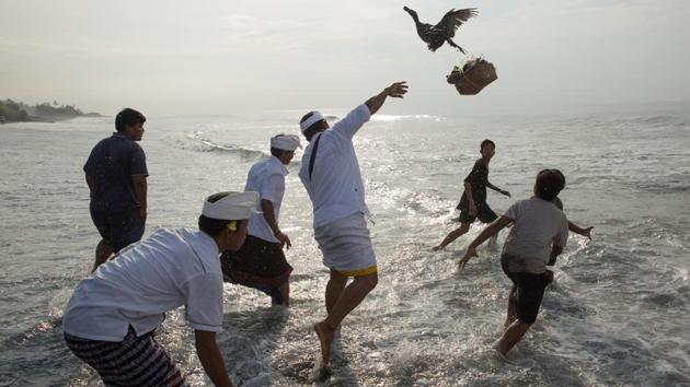 A Balinese Hindu throws a duck into the ocean as an offering during Melasti, a purification ceremony ahead of the holy day of Nyepi. (Agung Parameswara/REUTERS) A Balinese Hindu throws a duck into the ocean as an offering during Melasti, a purification ceremony ahead of the holy day of Nyepi. (Agung Parameswara/REUTERS)