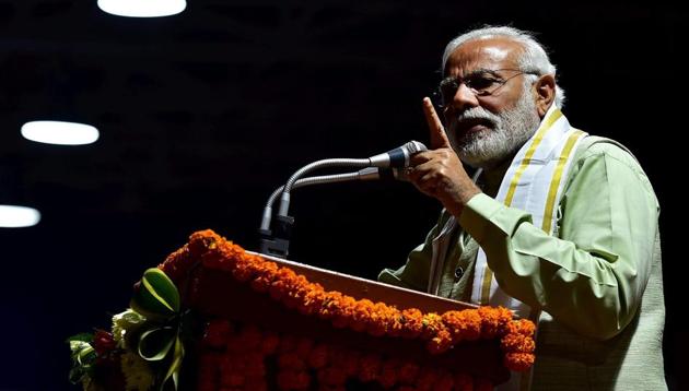 Prime Minister Narendra Modi speaks at the party headquarters to celebrate the BJP’s victories in UP and Uttarakhand Assembly elections, in New Delhi, in this file photo from March 12.(PTI) Prime Minister Narendra Modi speaks at the party headquarters to celebrate the BJP’s victories in UP and Uttarakhand Assembly elections, in New Delhi, in this file photo from March 12.(PTI)