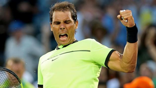 Rafael Nadal celebrates his win over Philipp Kohlschreiber ar the Miami Open.(AFP)