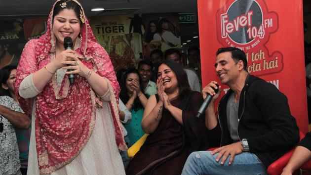 There was a surprise skit (here’s RJ Stuti of Fever 104 FM) planned for the Naam Shabana team, and the stars just couldn’t stop laughing. (SHIVAM SAXENA/HT PHOTO) 