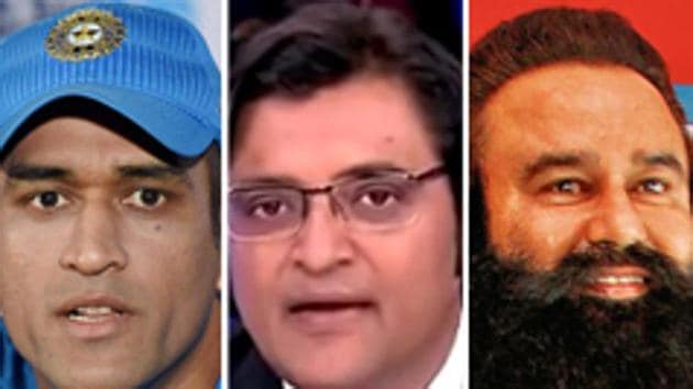 A combination of photos of cricketer MS Dhoni, journalist Arnab Goswami and controversial spiritual leader Gurmeet Ram Rahim Singh. A combination of photos of cricketer MS Dhoni, journalist Arnab Goswami and controversial spiritual leader Gurmeet Ram Rahim Singh.