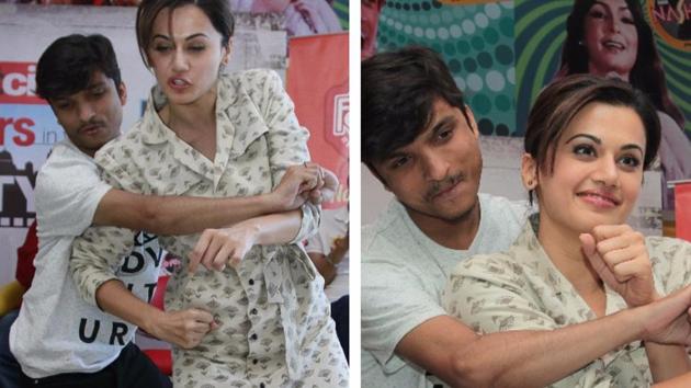 To be seen doing some kickass action in the film, Taapsee Pannu demonstrated self-defence techniques for women, much like her Kohni Maar video (with Akshay Kumar) that went viral on International Women’s Day. (SHIVAM SAXENA & WASEEM GASHROO/HT PHOTO) To be seen doing some kickass action in the film, Taapsee Pannu demonstrated self-defence techniques for women, much like her Kohni Maar video (with Akshay Kumar) that went viral on International Women’s Day. (SHIVAM SAXENA & WASEEM GASHROO/HT PHOTO)