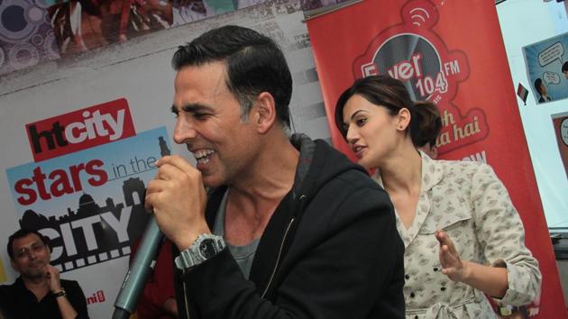 Actors Akshay Kumar, Taapsee Pannu and Manoj Bajpayee visited HT City on Monday to promote their upcoming film, Naam Shabana. (SHIVAM SAXENA/HT PHOTO)