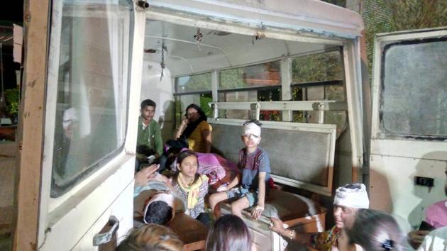 The victims were rushed to the district hospital in Sector 30 after the driver allegedly lost control due to sleep and stepped the bus on the divider.(HT Photo)