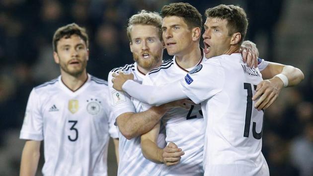 Andre Schuerrle celebrates after scoring his second goal against Azerbaijan in World Cup qualifiers.(REUTERS)