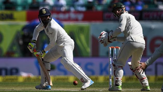 Ravindra Jadeja (L) was involved in an intense sledging battle with Australian wicketkeeper Matthew Wade while batting during India’s opening innings on Day 3 of the 4th Test in Dharamsala.(AFP)