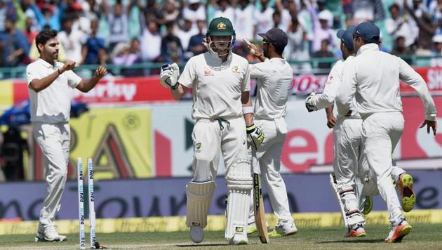 Bhuvneshwar Kumar took the important wicket of Steve Smith. (PTI) Bhuvneshwar Kumar took the important wicket of Steve Smith. (PTI)