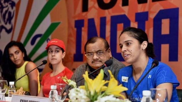 Saina Nehwal speaks as BAI President, Akhilesh Das Gupta, Rio Olympics silver medalist P V Sindhu and world no. 4 badminton player Carolina Marin of Spain look on during a press conference for the Indian Open in New Delhi on Monday.(PTI) Saina Nehwal speaks as BAI President, Akhilesh Das Gupta, Rio Olympics silver medalist P V Sindhu and world no. 4 badminton player Carolina Marin of Spain look on during a press conference for the Indian Open in New Delhi on Monday.(PTI)