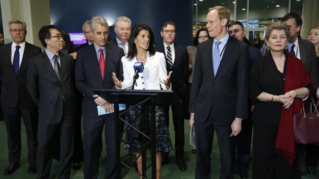US ambassador to the UN Nikki Haley speaks to reporters outside the General Assembly on Monday.(AP)