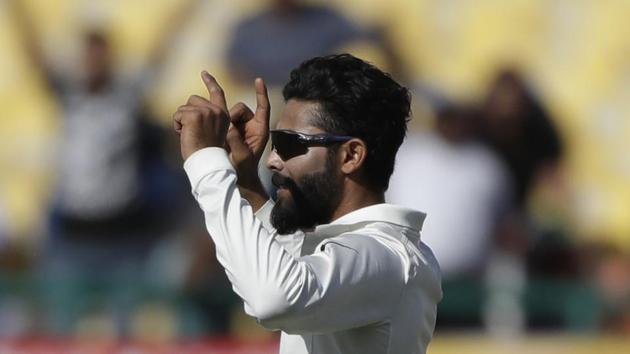 India's Ravindra Jadeja celebrates the dismissal of Australia's Pat Cummins during the third day of their fourth Test in Dharmsala on Monday. (AP) India's Ravindra Jadeja celebrates the dismissal of Australia's Pat Cummins during the third day of their fourth Test in Dharmsala on Monday. (AP)