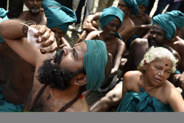 A farmer from Tamil Nadu pretends to a eat a living mice while staging a protest at Jantar Mantar to demonstrate that they will have to feed on them if the government fails to declare drought relief packages and waiver loans for the farmers from the state. (Saumya Khandelwal/HT PHOTO) A farmer from Tamil Nadu pretends to a eat a living mice while staging a protest at Jantar Mantar to demonstrate that they will have to feed on them if the government fails to declare drought relief packages and waiver loans for the farmers from the state. (Saumya Khandelwal/HT PHOTO)