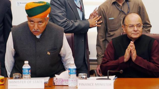 Minister of state for finance Arjun Ram Meghwal and finance minister Arun Jaitley. (HT photo) Minister of state for finance Arjun Ram Meghwal and finance minister Arun Jaitley. (HT photo)