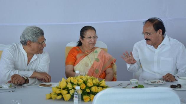 On the occasion of “Nutan Samvatsar”, Speaker Sumitra Mahajan invited MPs for a vegetarian fare in Parliament House. here, CPI(M)’s Sitaram Yechury and union minister Venkaiah Naidu are also seen. (Twitter/LoksabhaSpeaker) On the occasion of “Nutan Samvatsar”, Speaker Sumitra Mahajan invited MPs for a vegetarian fare in Parliament House. here, CPI(M)’s Sitaram Yechury and union minister Venkaiah Naidu are also seen. (Twitter/LoksabhaSpeaker)