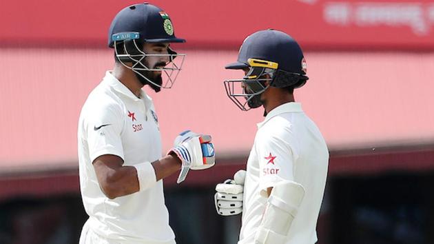 KL Rahul of India and Ajinkya Rahane during the fourth India vs Australia Test match in Dharamsala. (BCCI)