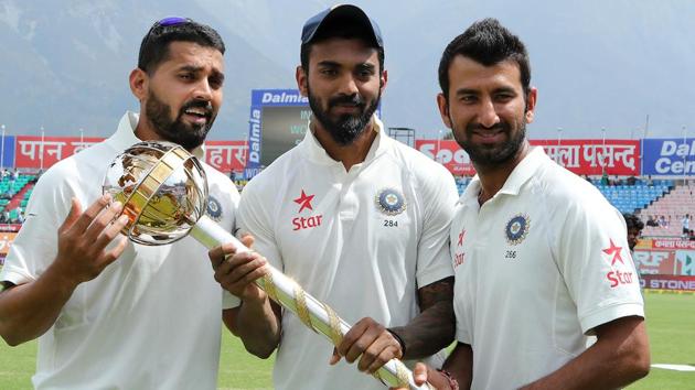 Murali Vijay, KL Rahul of India and Cheteshwar Pujara of India with the Test Championship Mace. (BCCI) 