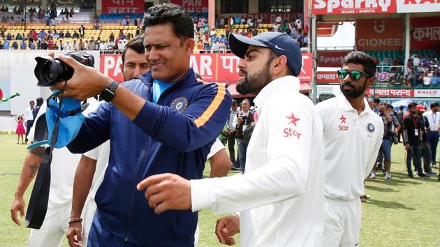 Team India coach Anil Kumble and skipper Virat Kohli tries to find the perfect frame. (BCCI) 