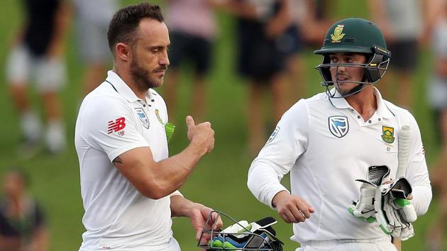 Faf du Plessis and Quinton de Kock leave the field at stumps on Day 4 of the third Test cricket match between New Zealand and South Africa at Seddon Park in Hamilton on Tuesday. Catch cricket score of Day 5 on Wednesday here. (AFP) Faf du Plessis and Quinton de Kock leave the field at stumps on Day 4 of the third Test cricket match between New Zealand and South Africa at Seddon Park in Hamilton on Tuesday. Catch cricket score of Day 5 on Wednesday here. (AFP)