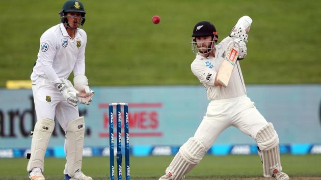 Kane Williamson plays a shot as Quinton de Kock of looks on Day 4 of the third Test between New Zealand and South Africa at Seddon Park in Hamilton on Tuesday. (AFP) Kane Williamson plays a shot as Quinton de Kock of looks on Day 4 of the third Test between New Zealand and South Africa at Seddon Park in Hamilton on Tuesday. (AFP)